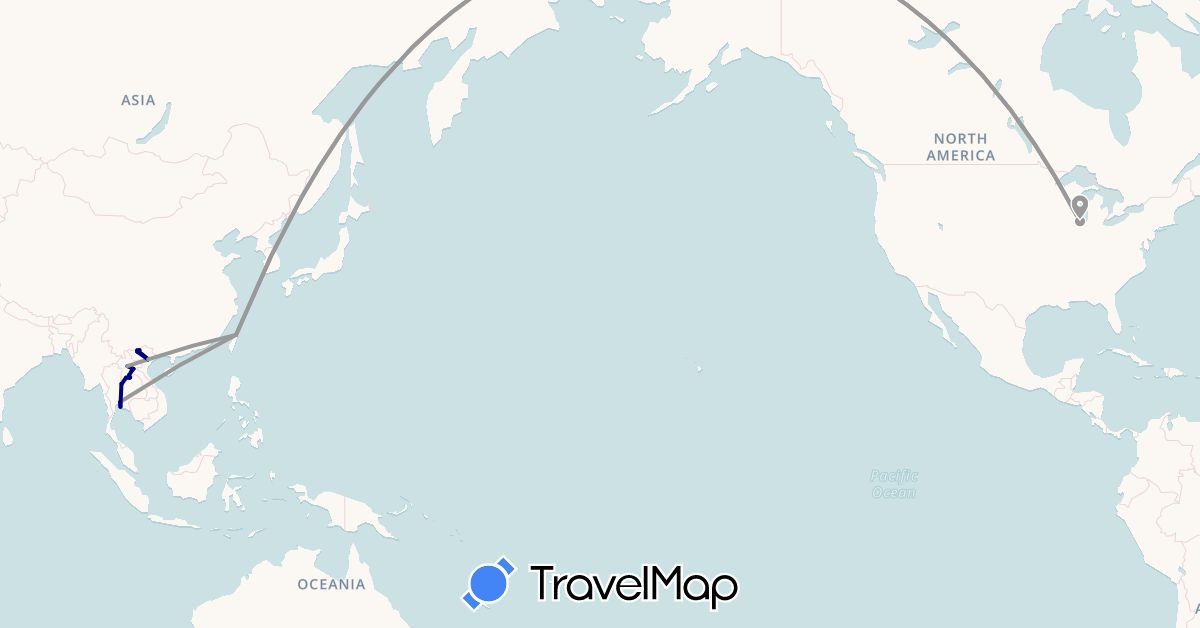 TravelMap itinerary: driving, plane in Laos, Thailand, Taiwan, United States, Vietnam (Asia, North America)